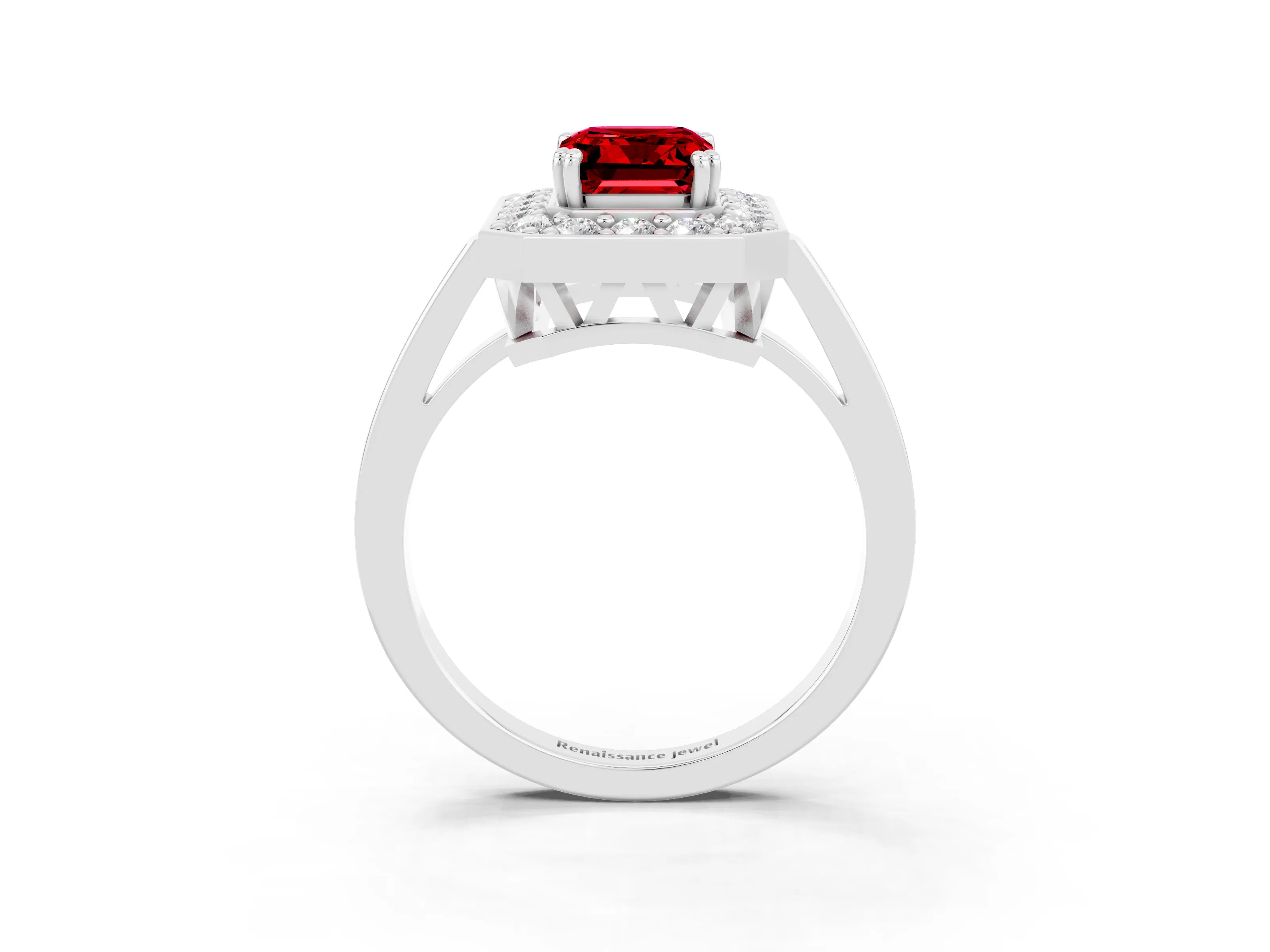 White gold Emerald Cut Ruby Halo Ring with Split Shank and Four-Prong Setting_3