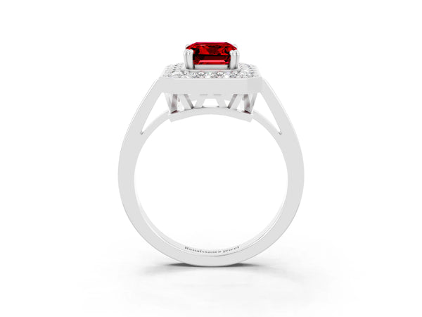 Silver Emerald Cut Ruby Halo Ring with Split Shank and Four-Prong Setting