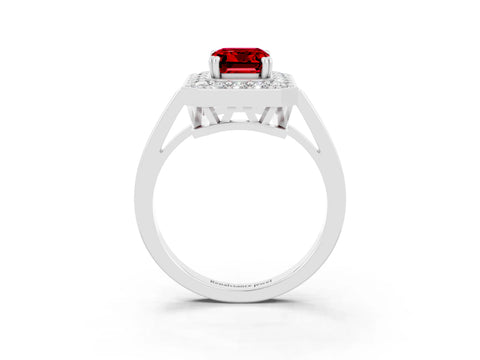 White gold Emerald Cut Ruby Halo Ring with Split Shank and Four-Prong Setting_3