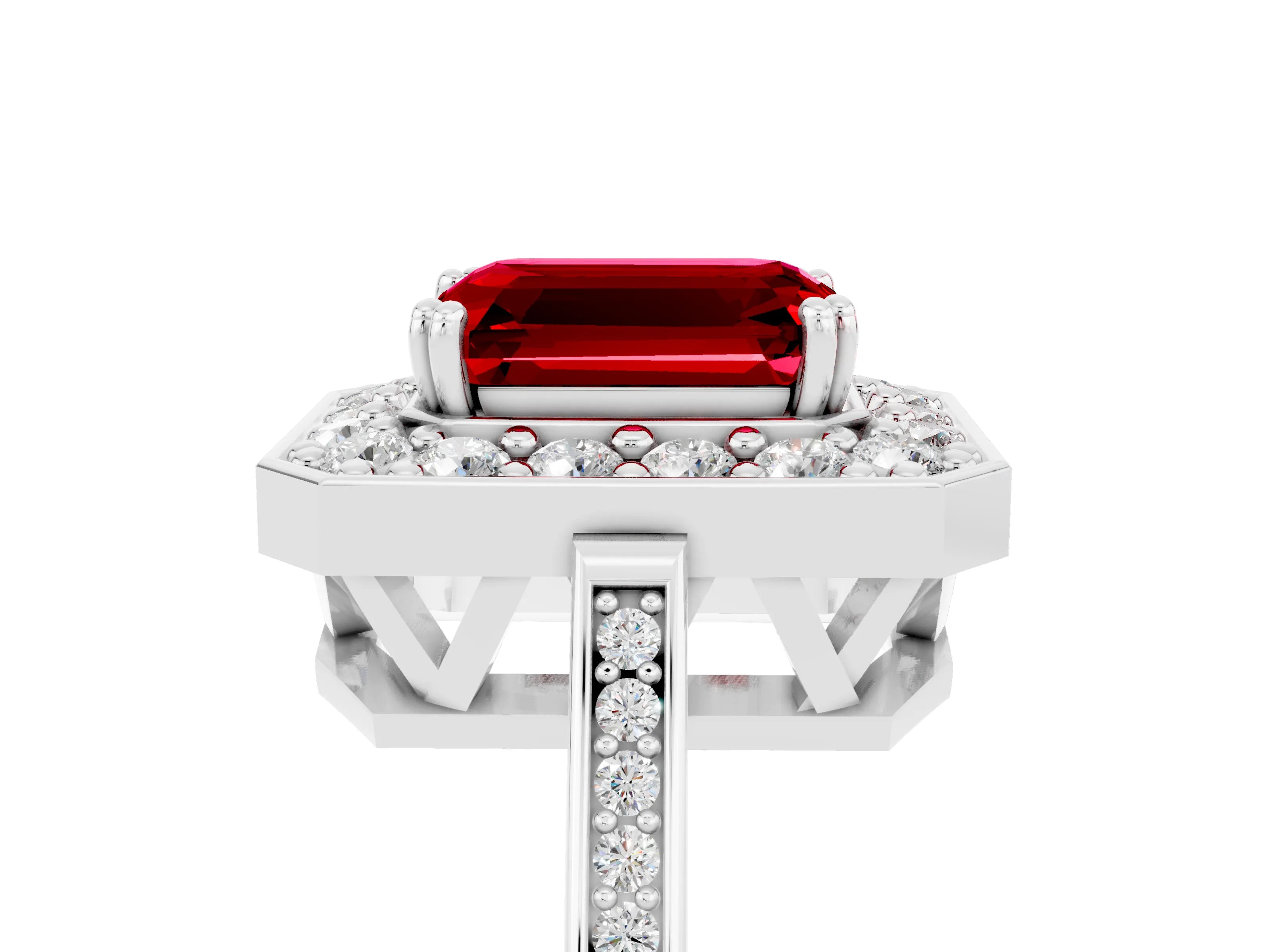 White gold Emerald Cut Ruby Halo Ring with Split Shank and Four-Prong Setting_5