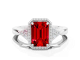 White gold Emerald Cut Ruby Halo Ring with Tapered Band and Four-Prong Setting