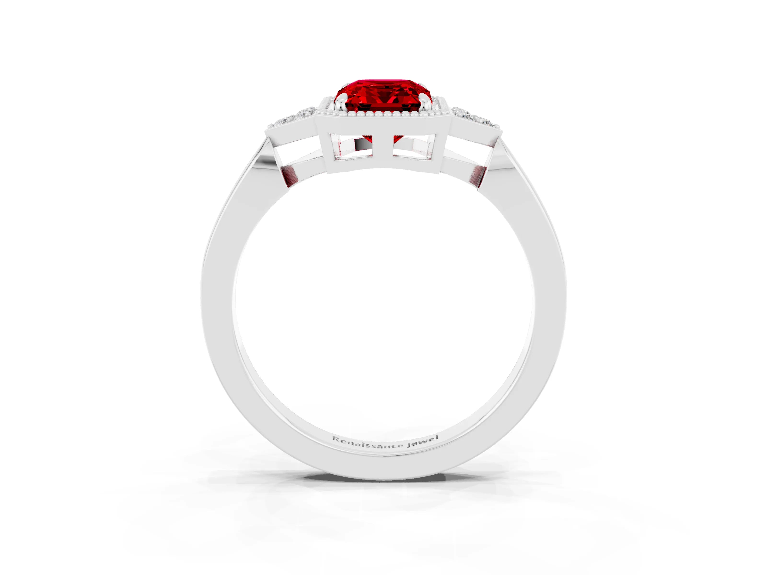 White gold Emerald Cut Ruby Halo Ring with Tapered Band and Four-Prong Setting_3