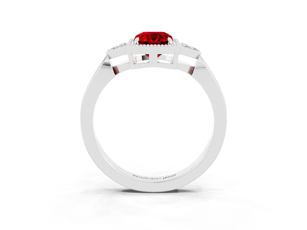 Platinum Emerald Cut Ruby Halo Ring with Tapered Band and Four-Prong Setting
