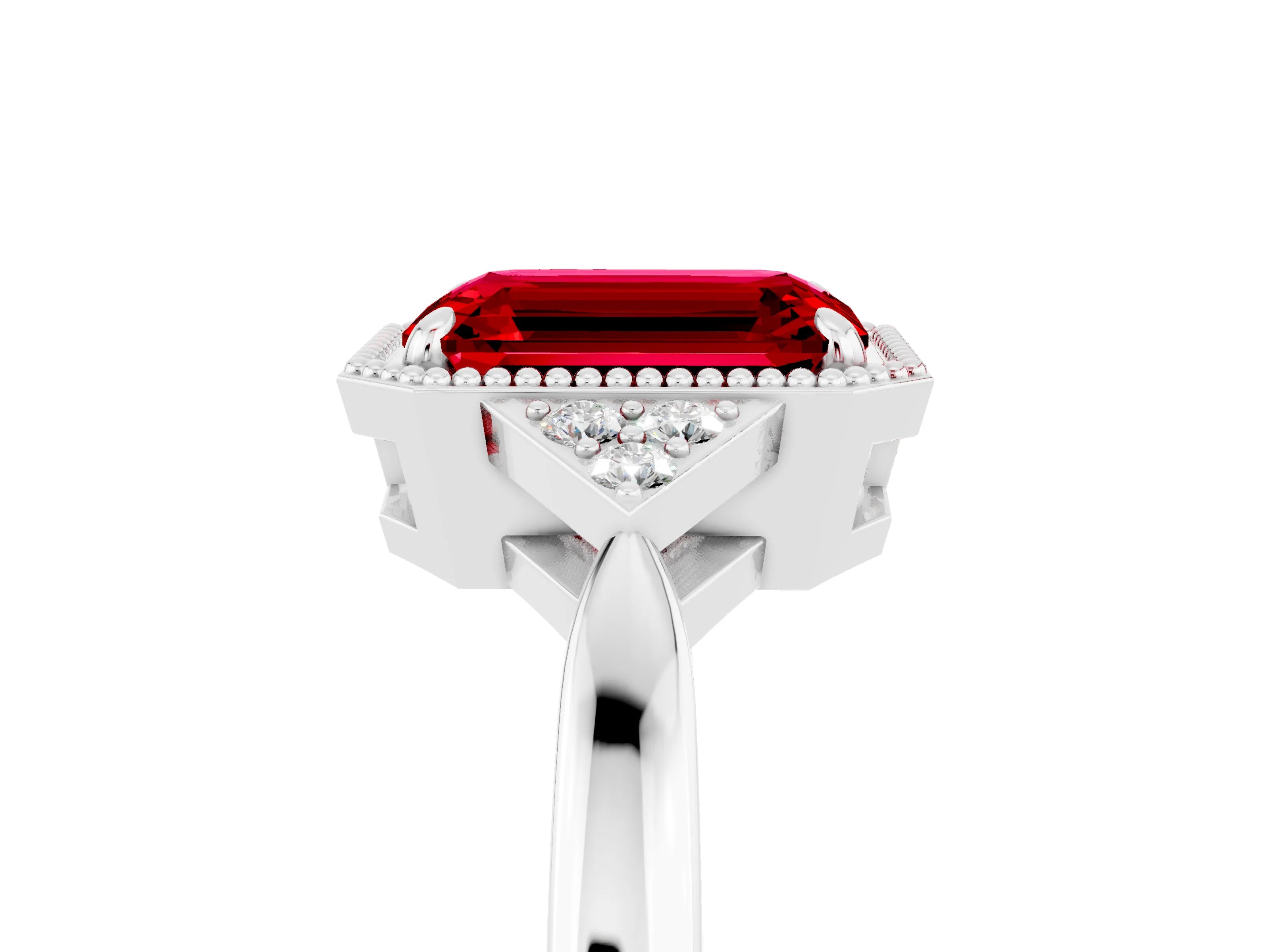 White gold Emerald Cut Ruby Halo Ring with Tapered Band and Four-Prong Setting_5