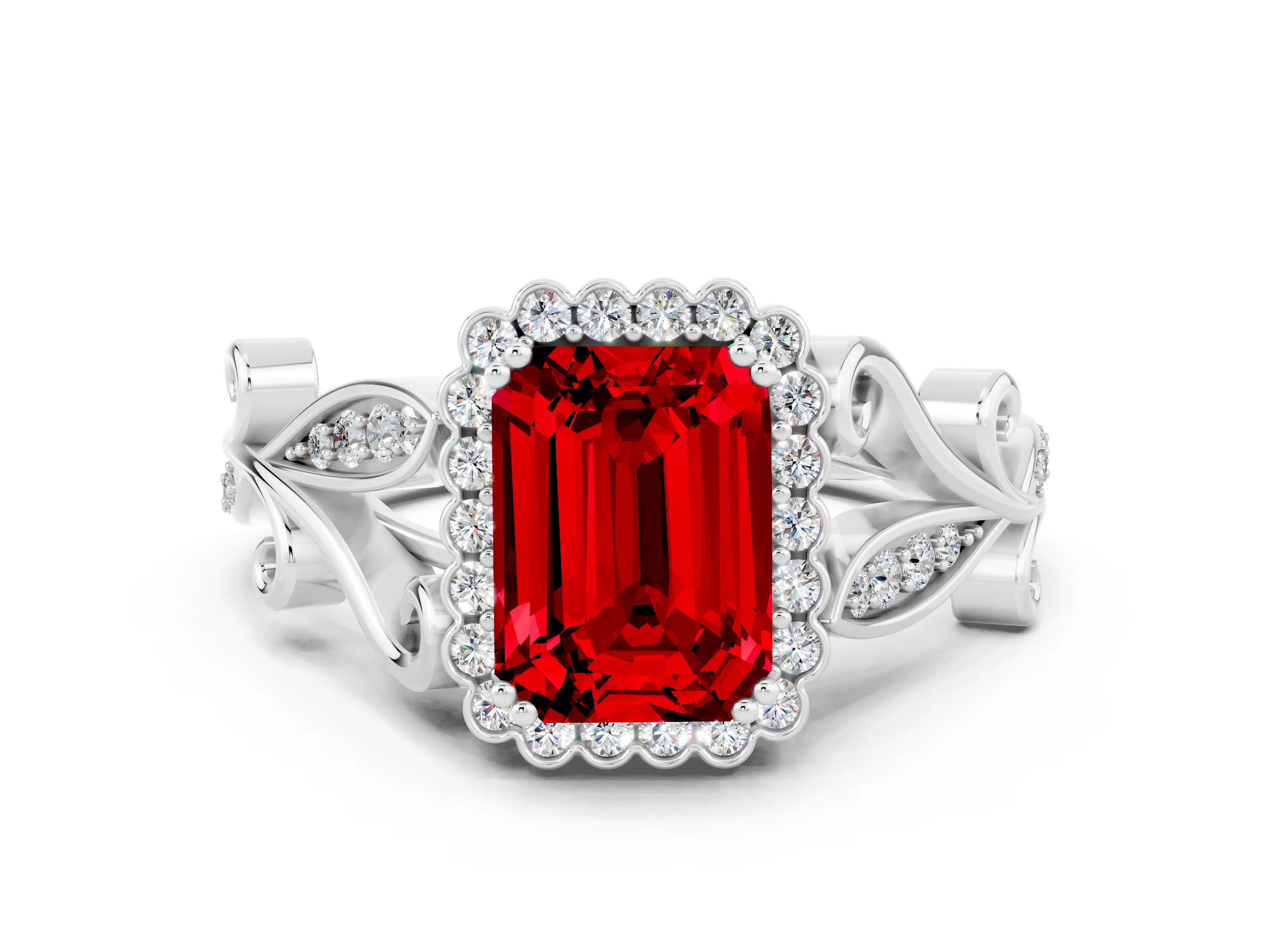 White gold Emerald Cut Ruby Halo Ring with Vintage Split Shank and Four-Prong Setting_24