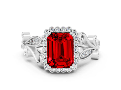 White gold Emerald Cut Ruby Halo Ring with Vintage Split Shank and Four-Prong Setting_24