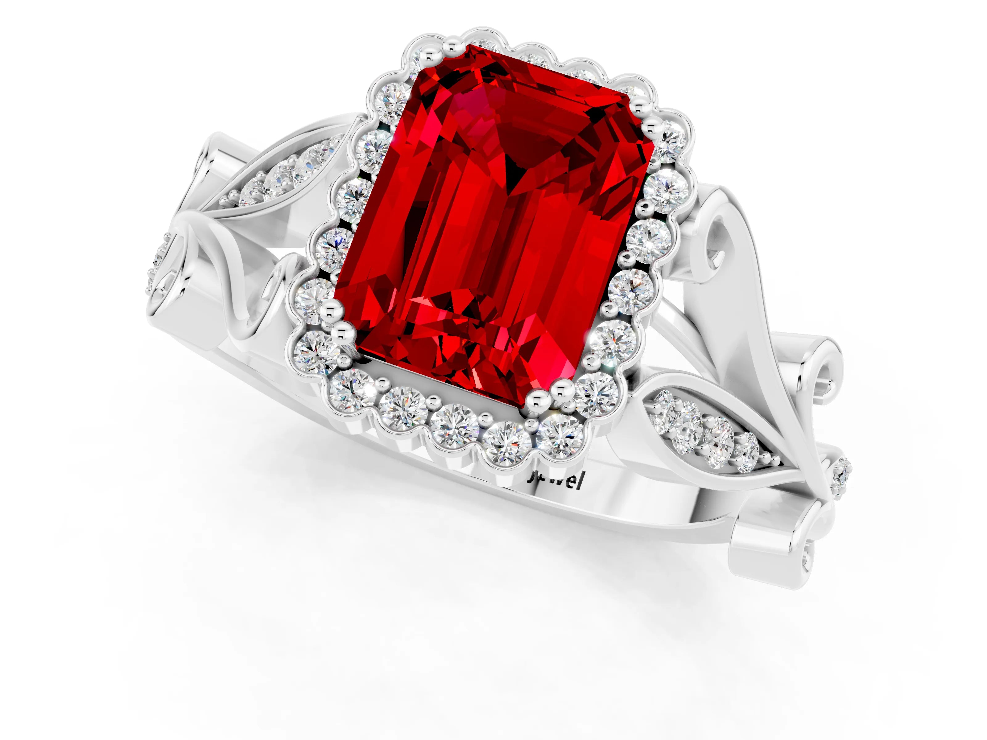 White gold Emerald Cut Ruby Halo Ring with Vintage Split Shank and Four-Prong Setting_25