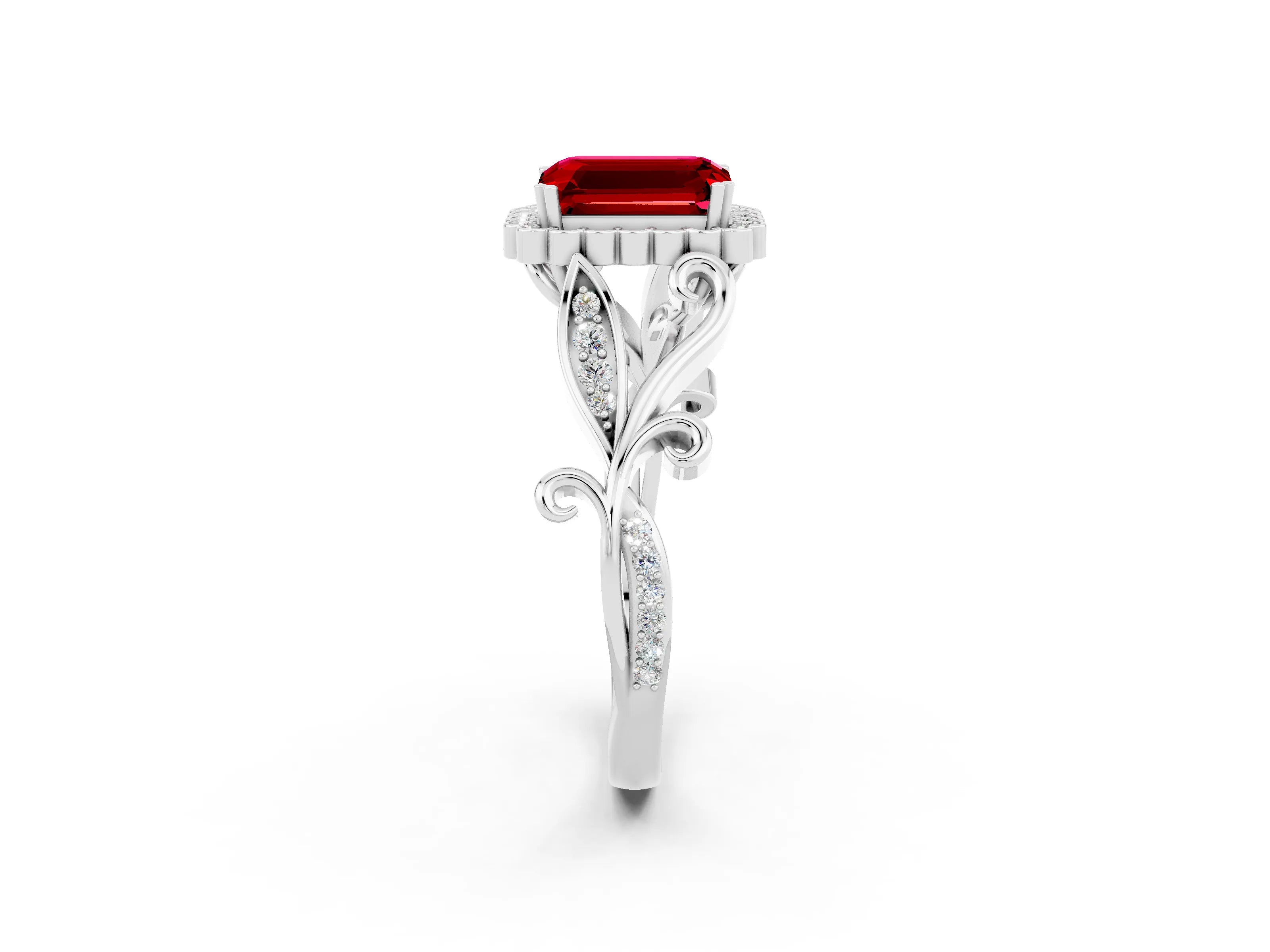 White gold Emerald Cut Ruby Halo Ring with Vintage Split Shank and Four-Prong Setting_26