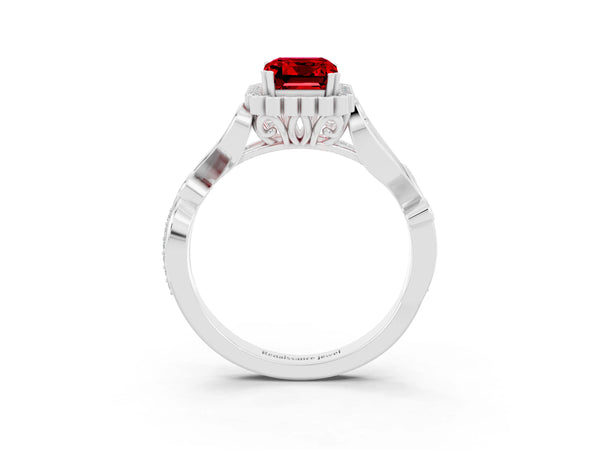 White gold Emerald Cut Ruby Halo Ring with Vintage Split Shank and Four-Prong Setting