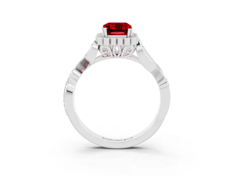 White gold Emerald Cut Ruby Halo Ring with Vintage Split Shank and Four-Prong Setting_27