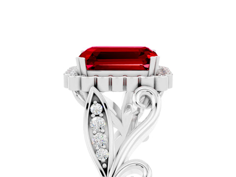 White gold Emerald Cut Ruby Halo Ring with Vintage Split Shank and Four-Prong Setting_29