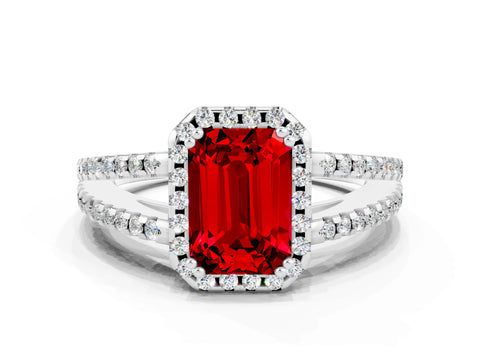 White gold Emerald Cut Ruby Halo Split Shank Engagement Ring_12