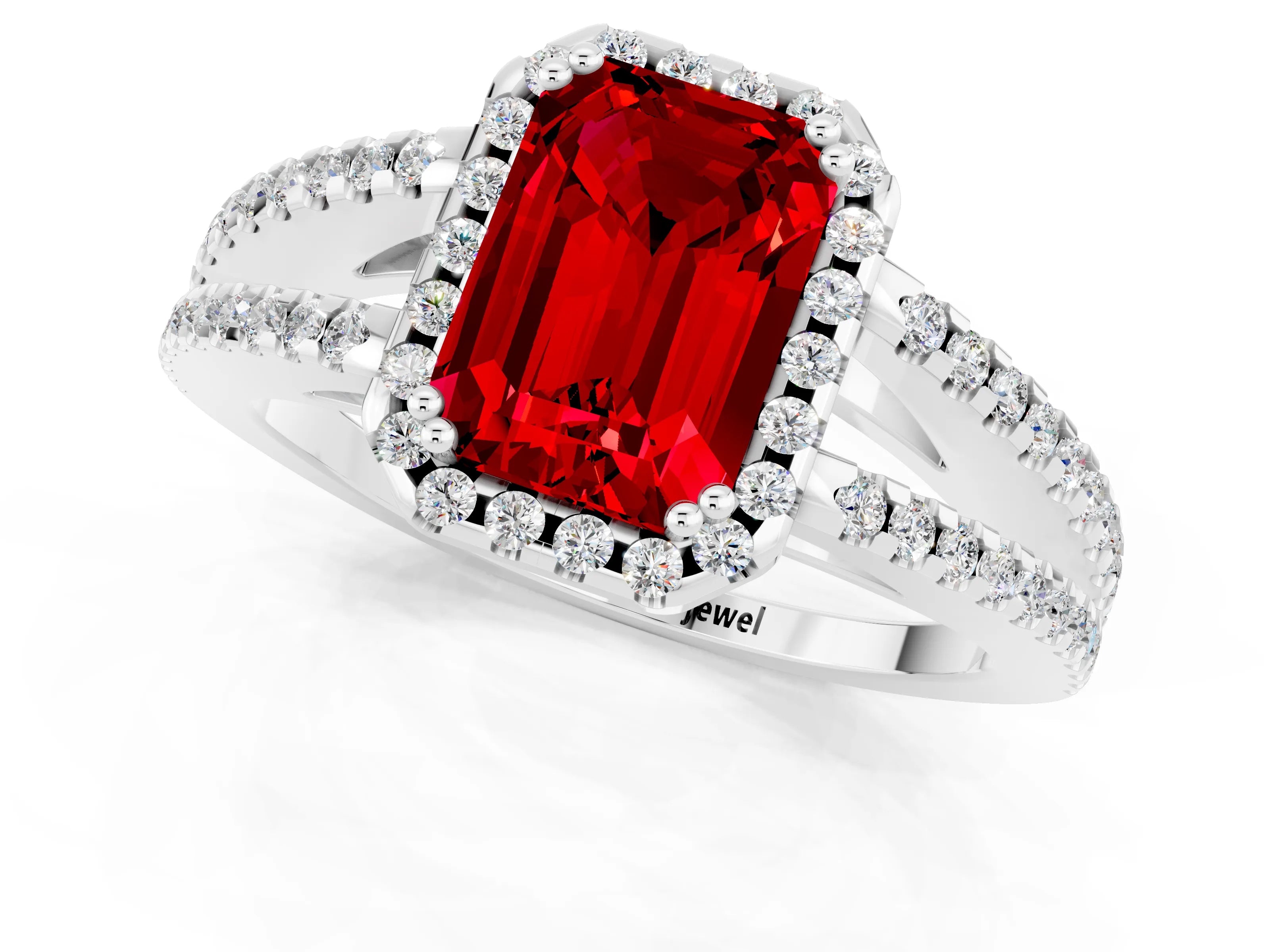 White gold Emerald Cut Ruby Halo Split Shank Engagement Ring_13