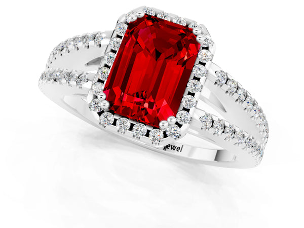 White gold Emerald Cut Ruby Halo Split Shank Engagement Ring