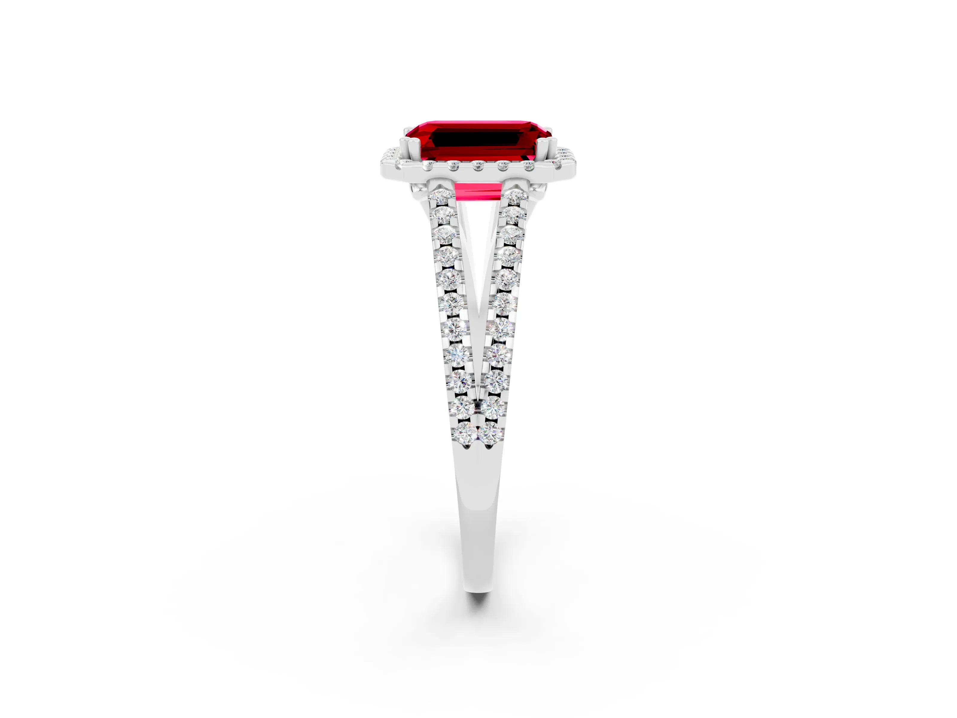 White gold Emerald Cut Ruby Halo Split Shank Engagement Ring_14