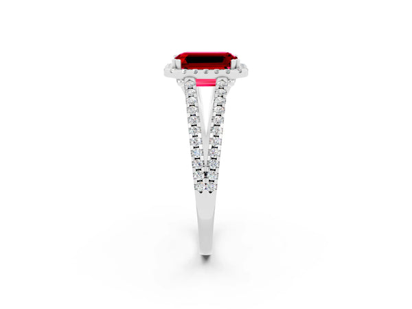 Silver Emerald Cut Ruby Halo Split Shank Engagement Ring