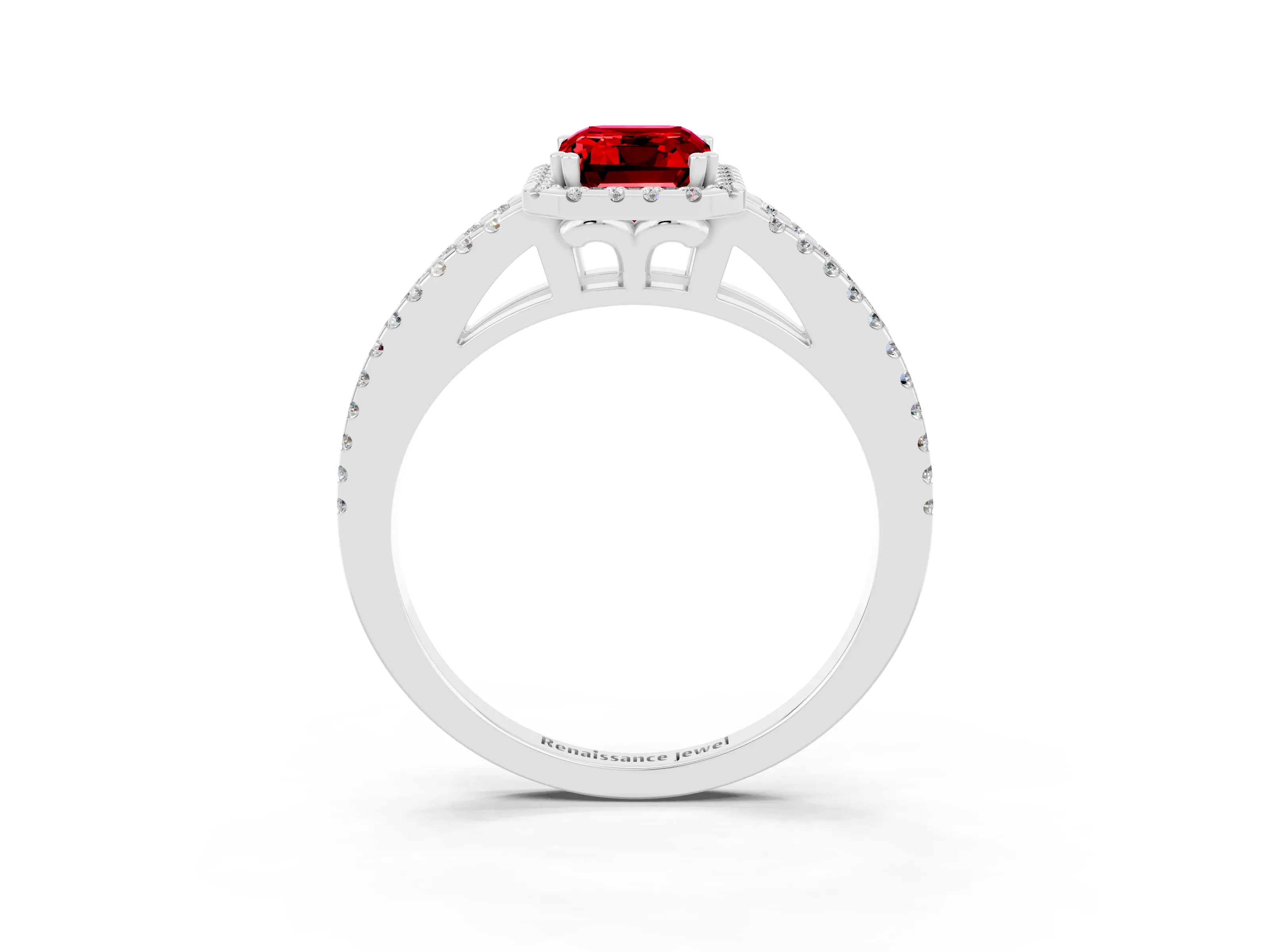 White gold Emerald Cut Ruby Halo Split Shank Engagement Ring_15