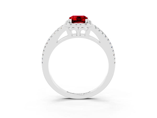 White gold Emerald Cut Ruby Halo Split Shank Engagement Ring