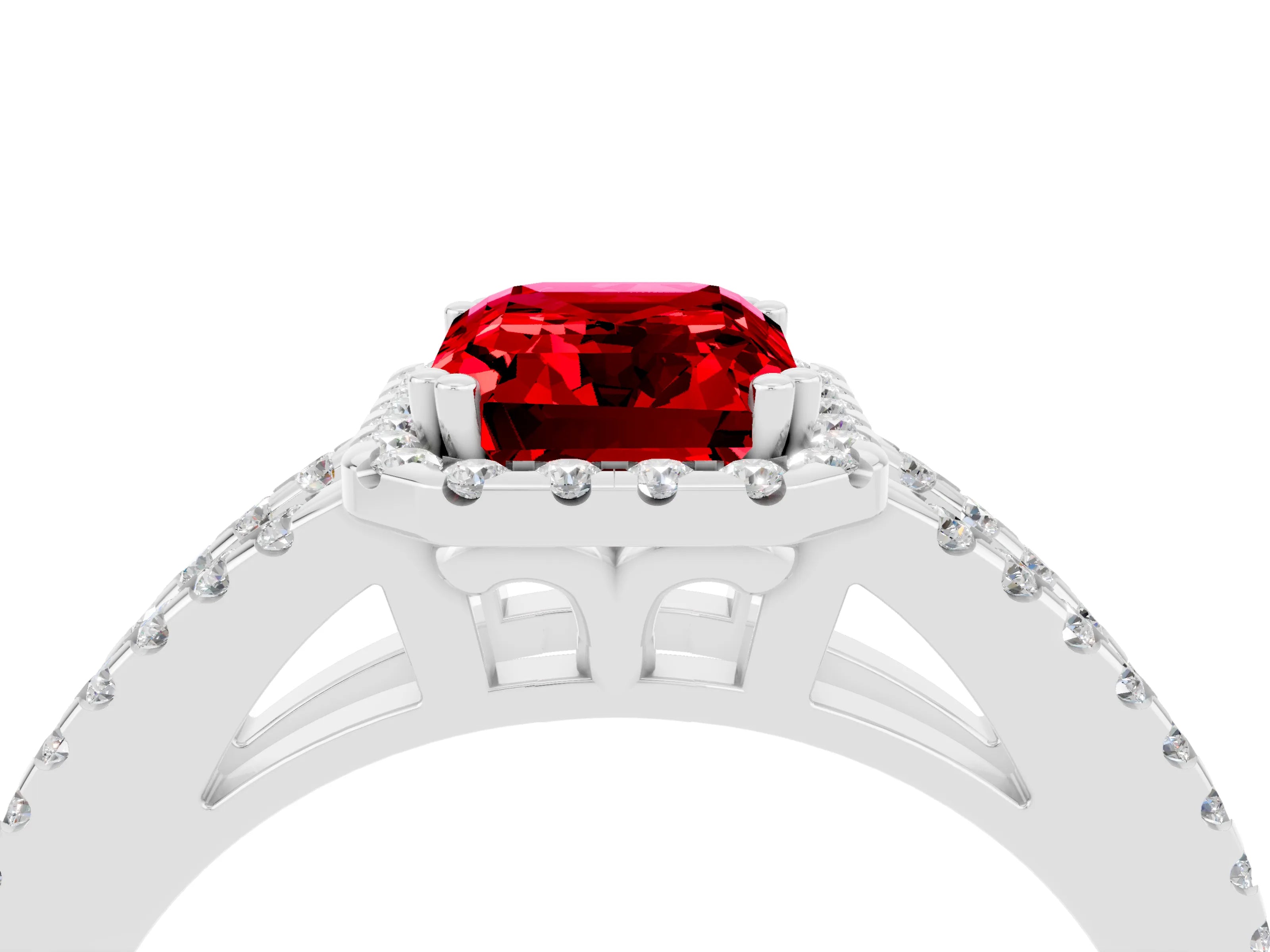 White gold Emerald Cut Ruby Halo Split Shank Engagement Ring_16