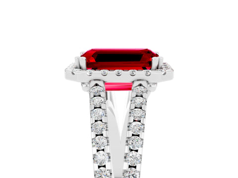 White gold Emerald Cut Ruby Halo Split Shank Engagement Ring_17