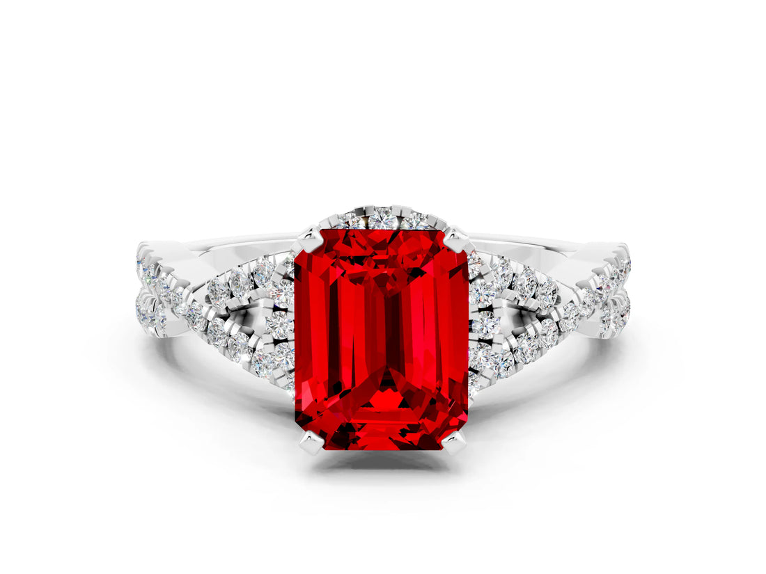 White gold Emerald Cut Ruby Halo Twist Band Solitaire Prong Setting Ring
