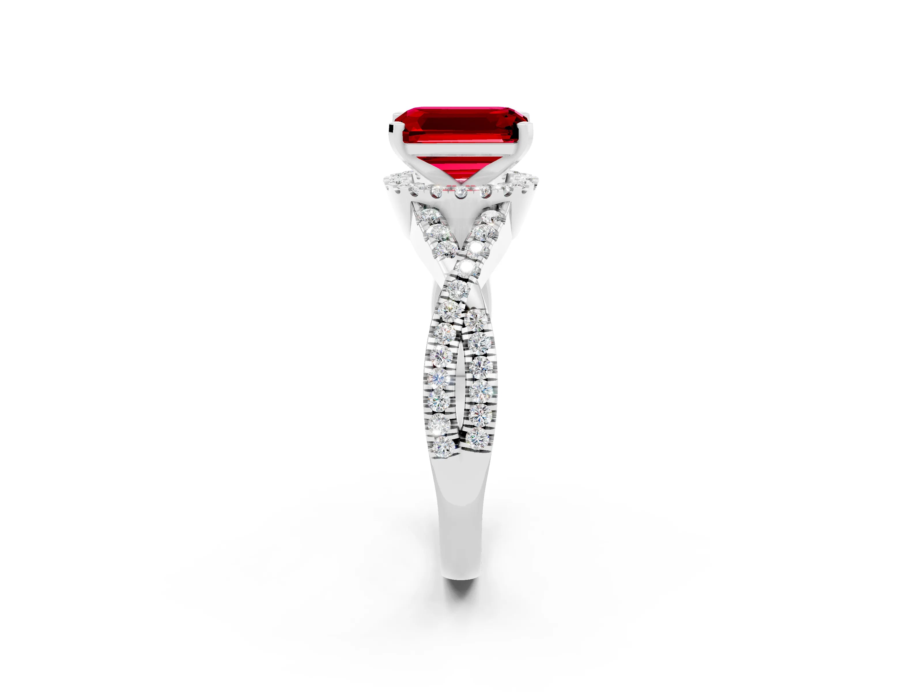 White gold Emerald Cut Ruby Halo Twist Band Solitaire Prong Setting Ring_2