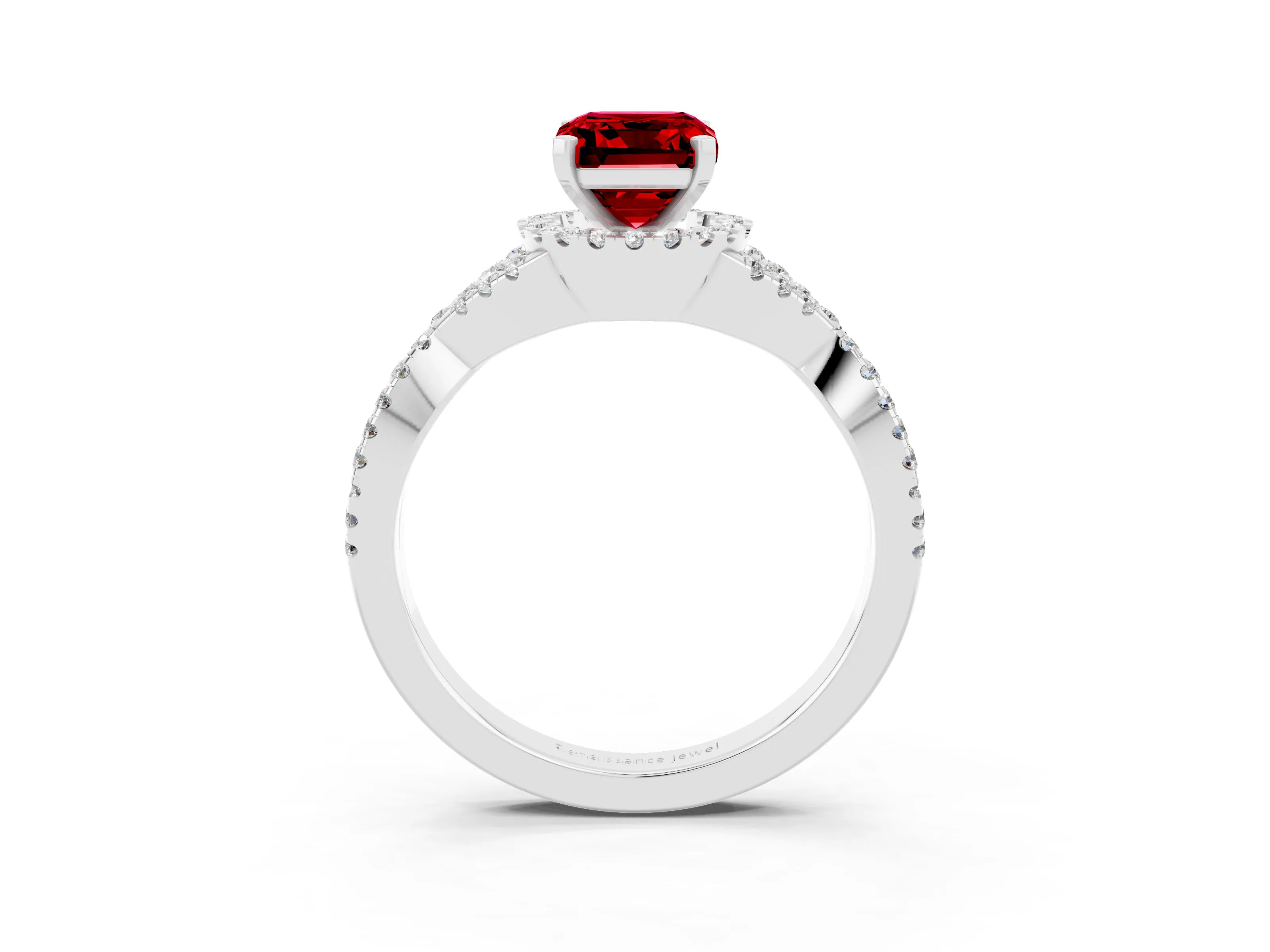 White gold Emerald Cut Ruby Halo Twist Band Solitaire Prong Setting Ring_3