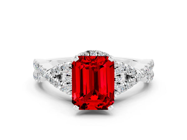 White gold Emerald Cut Ruby  Halo Twist Band Solitaire Prong Setting Ring