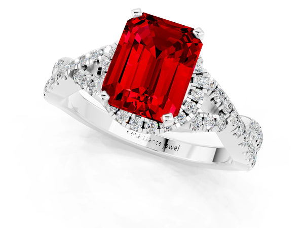 White gold Emerald Cut Ruby  Halo Twist Band Solitaire Prong Setting Ring