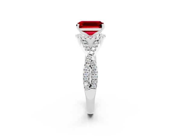 White gold Emerald Cut Ruby  Halo Twist Band Solitaire Prong Setting Ring