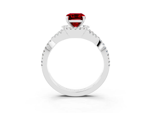 White gold Emerald Cut Ruby  Halo Twist Band Solitaire Prong Setting Ring