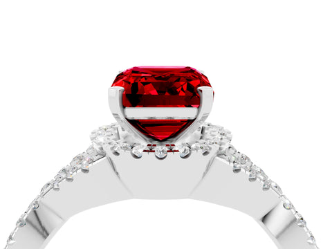 White gold Emerald Cut Ruby Halo Twist Band Solitaire Prong Setting Ring_4