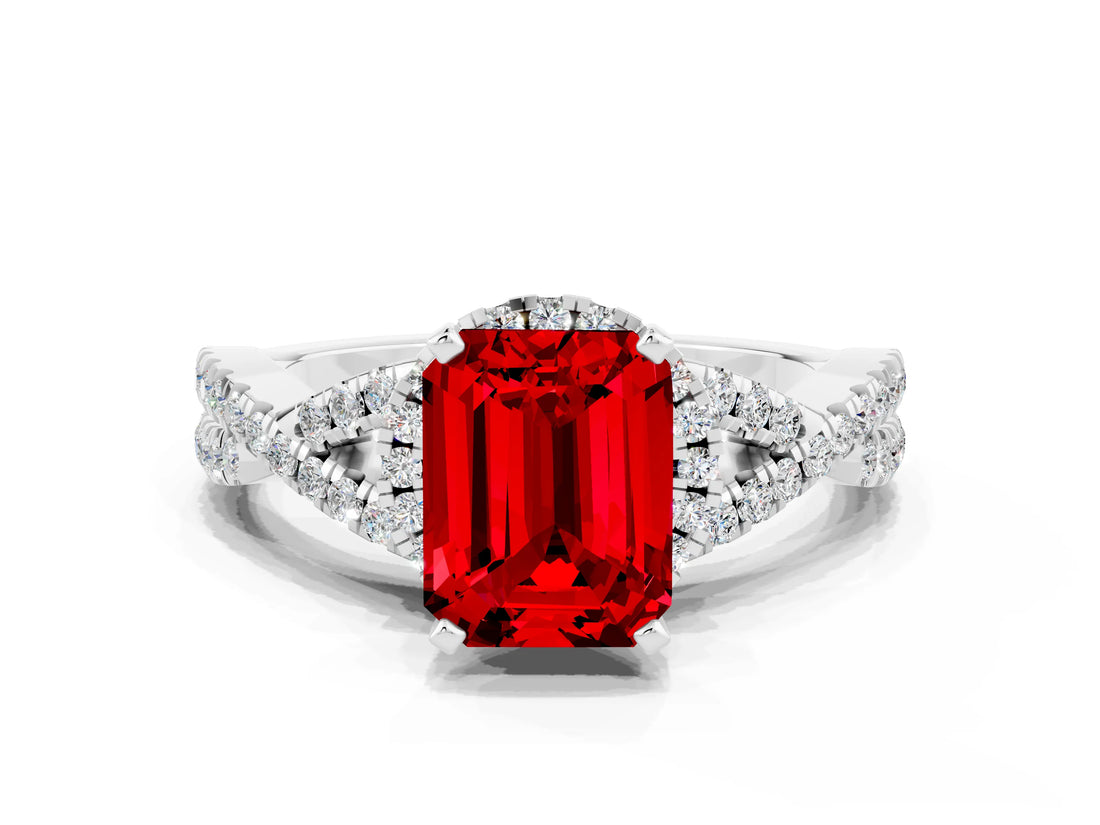 White gold Emerald Cut Ruby  Halo Twist Band Solitaire Prong Setting Ring_54
