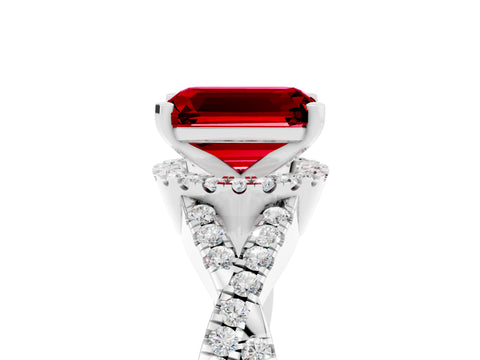 White gold Emerald Cut Ruby Halo Twist Band Solitaire Prong Setting Ring_5