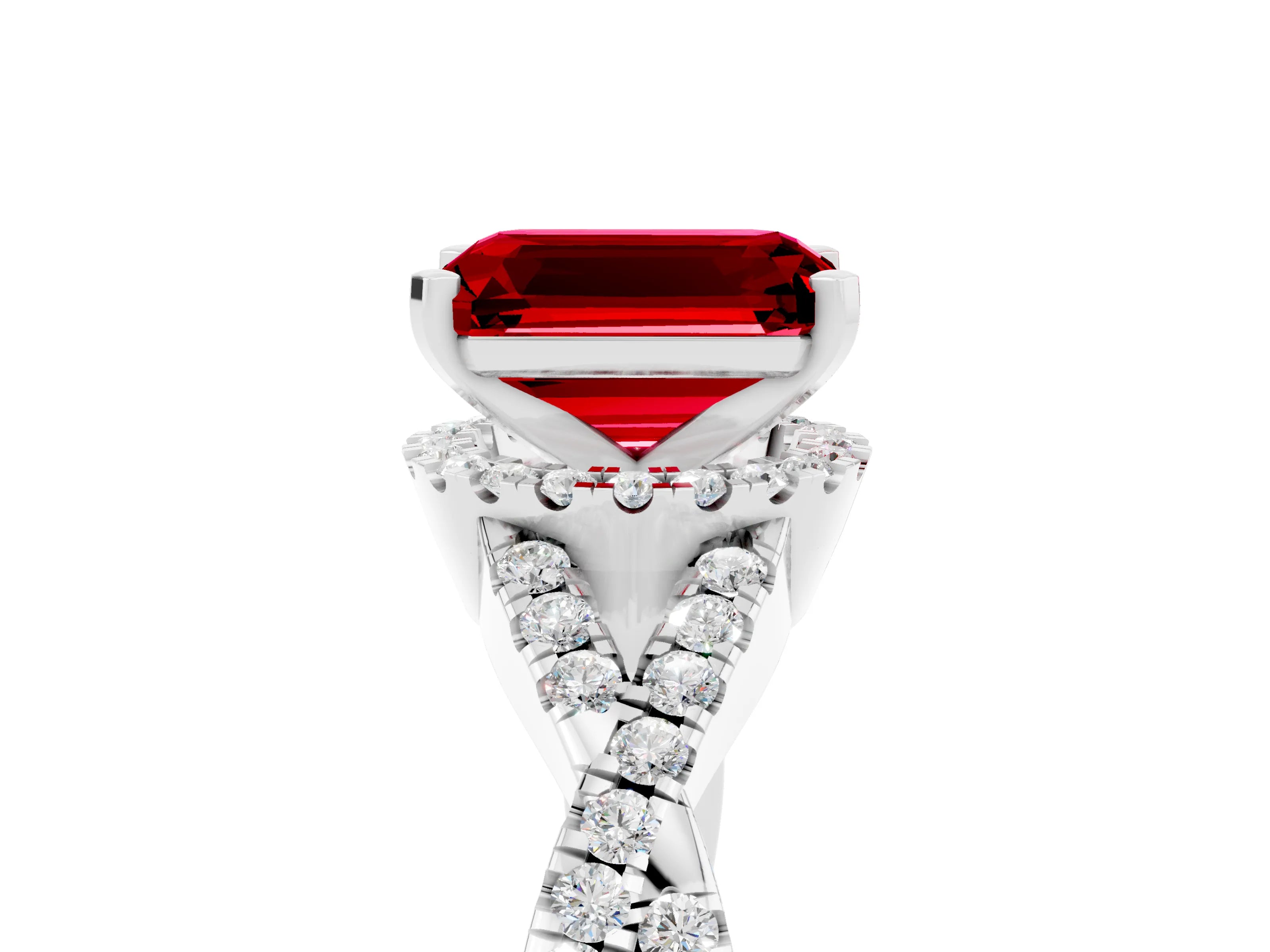 White gold Emerald Cut Ruby Halo Twist Band Solitaire Prong Setting Ring_5