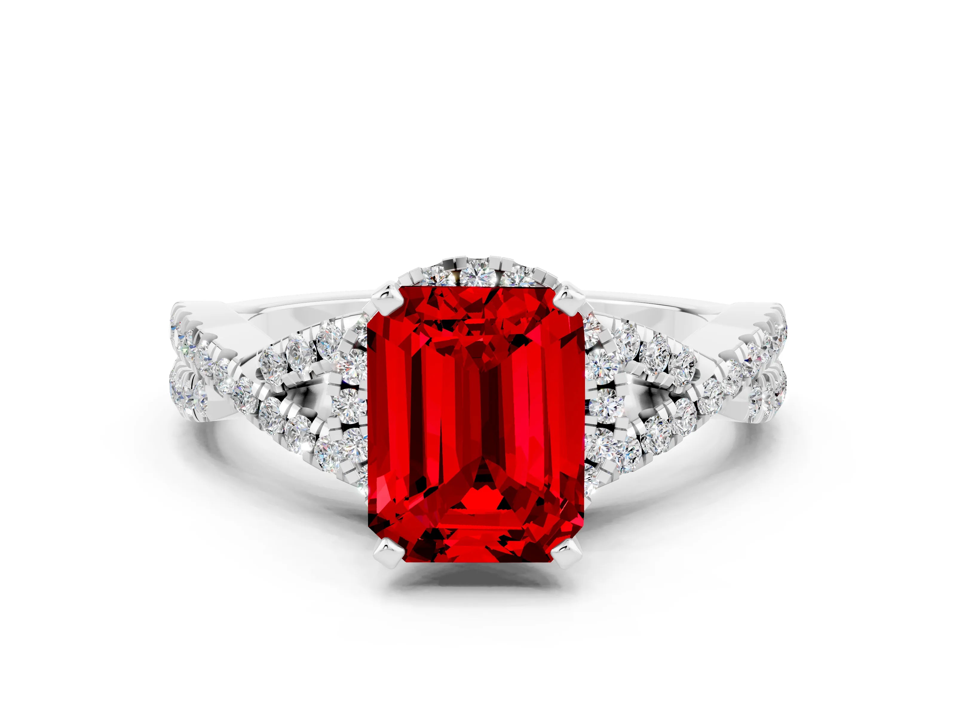 White gold Emerald Cut Ruby Halo Twist Band Solitaire Prong Setting Ring