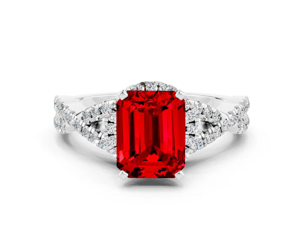 White gold Emerald Cut Ruby  Halo Twist Band Solitaire Prong Setting Ring