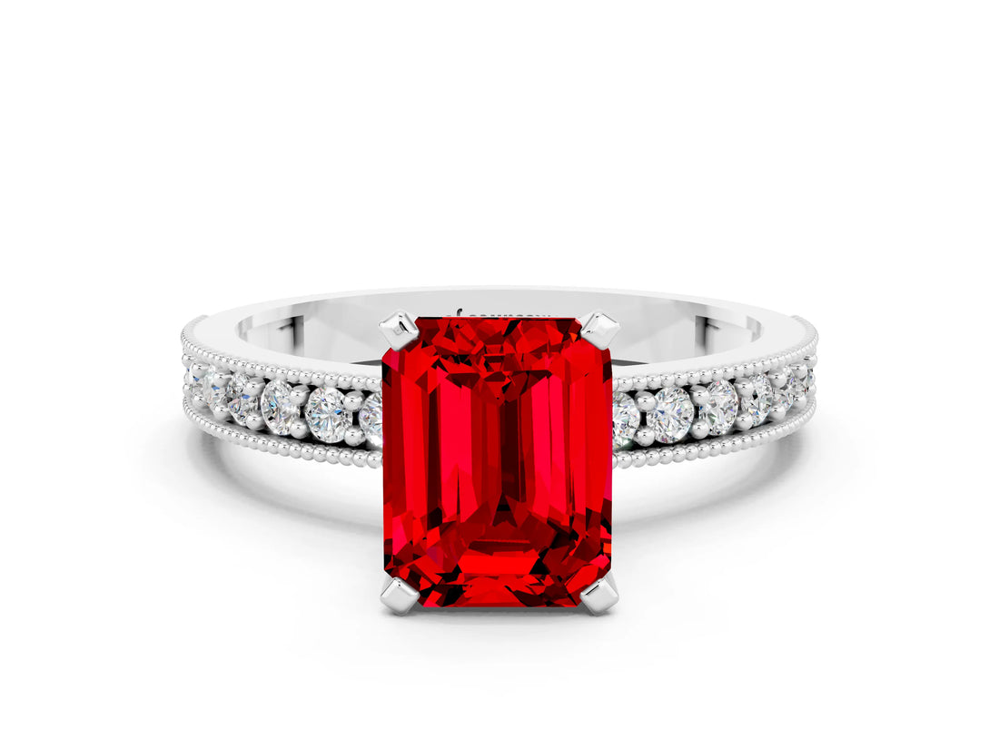 White gold Emerald Cut Ruby Milgrain Pavé Engagement Ring with Four-Prong Setting_12