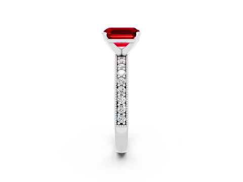 White gold Emerald Cut Ruby Milgrain Pavé Engagement Ring with Four-Prong Setting_14