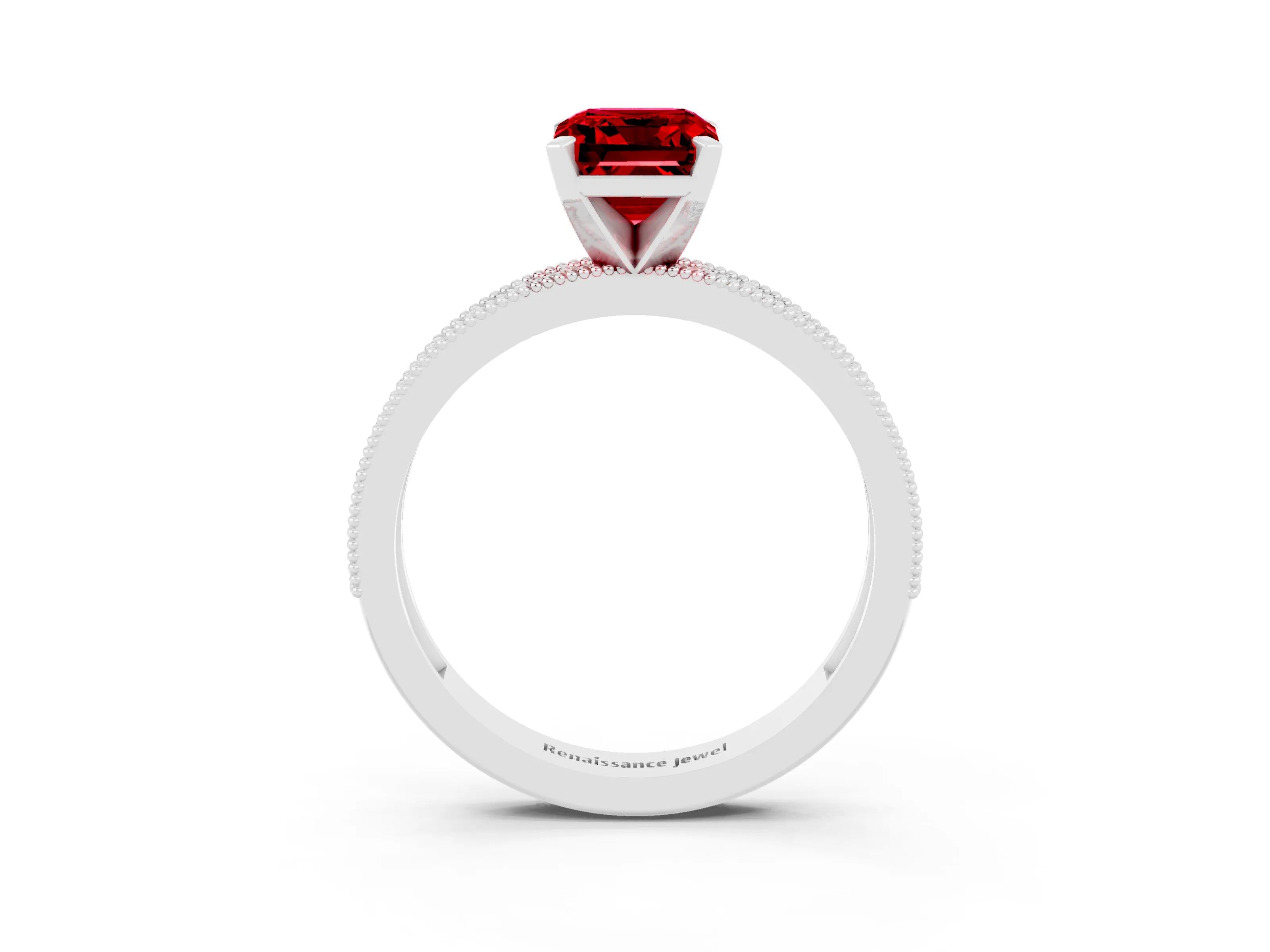 White gold Emerald Cut Ruby Milgrain Pavé Engagement Ring with Four-Prong Setting_15