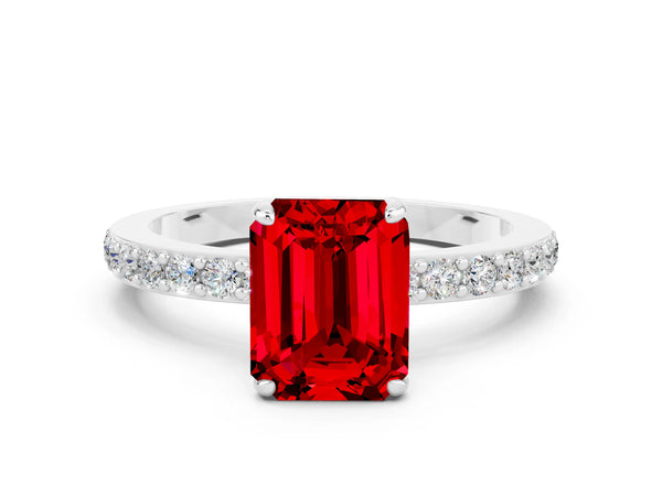 White gold Emerald Cut Ruby Pavé Engagement Ring with Round  Accents and Prong Setting
