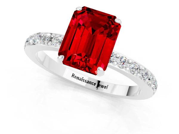 Silver Emerald Cut Ruby Pavé Engagement Ring with Round  Accents and Prong Setting