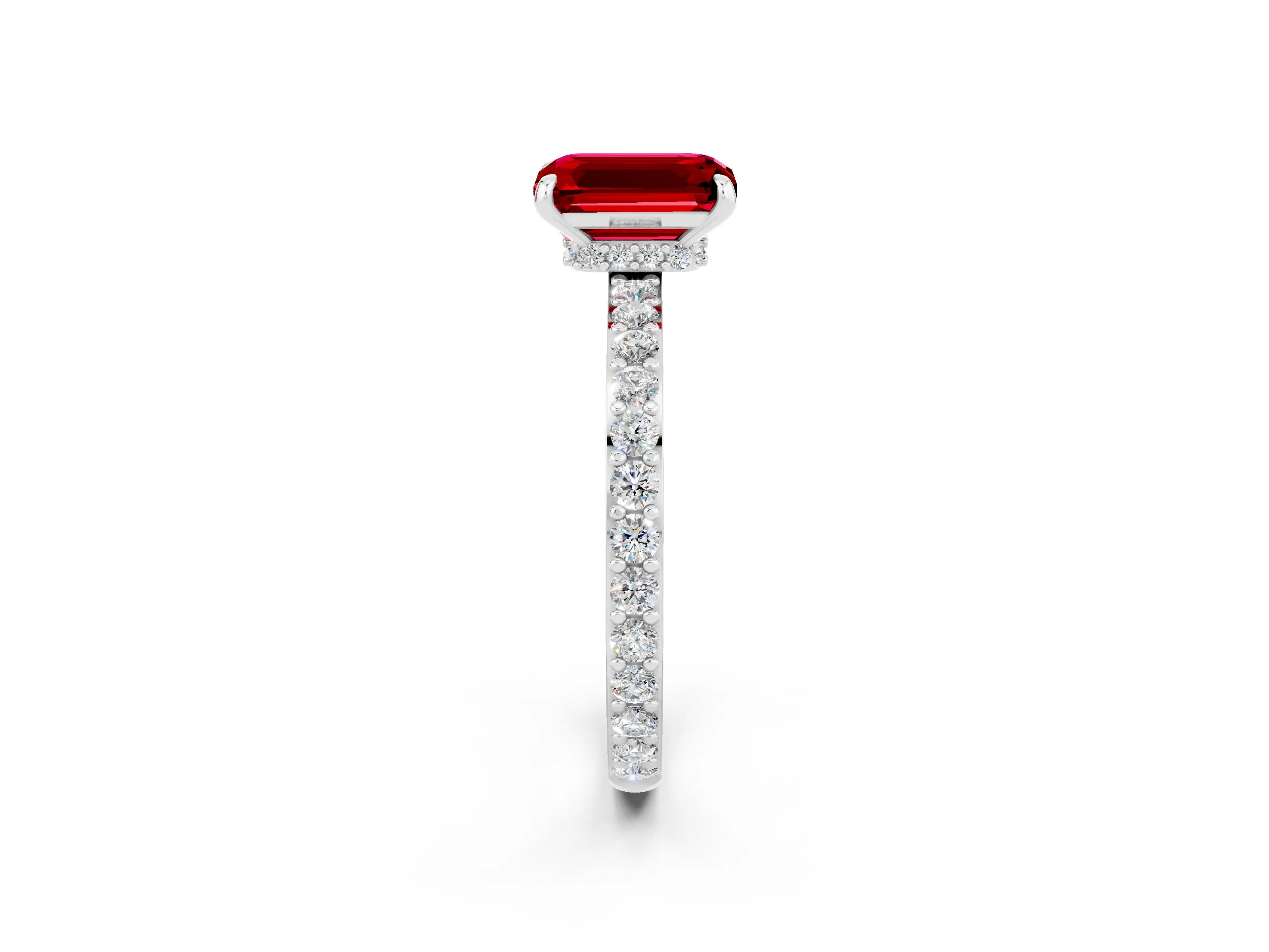 White gold Emerald Cut Ruby Pavé Engagement Ring with Round  Accents and Prong Setting_26
