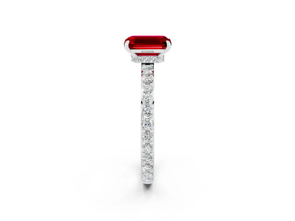White gold Emerald Cut Ruby Pavé Engagement Ring with Round  Accents and Prong Setting