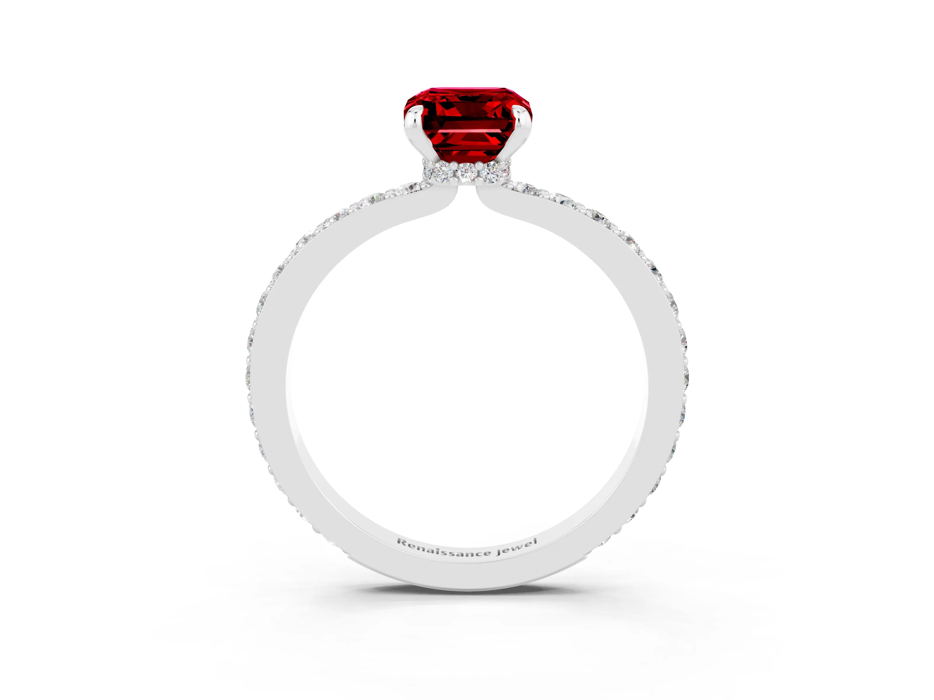 White gold Emerald Cut Ruby Pavé Engagement Ring with Round  Accents and Prong Setting_27