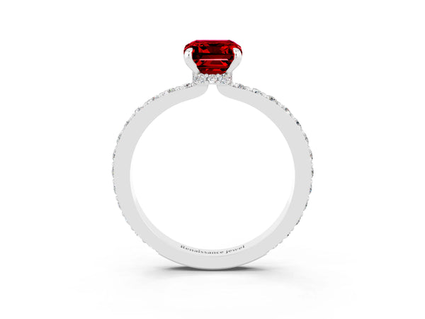 Silver Emerald Cut Ruby Pavé Engagement Ring with Round  Accents and Prong Setting