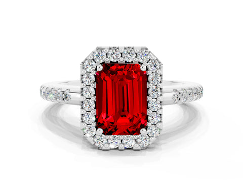 White gold Emerald Cut Ruby Pavé Halo Ring with Four-Prong Setting_12