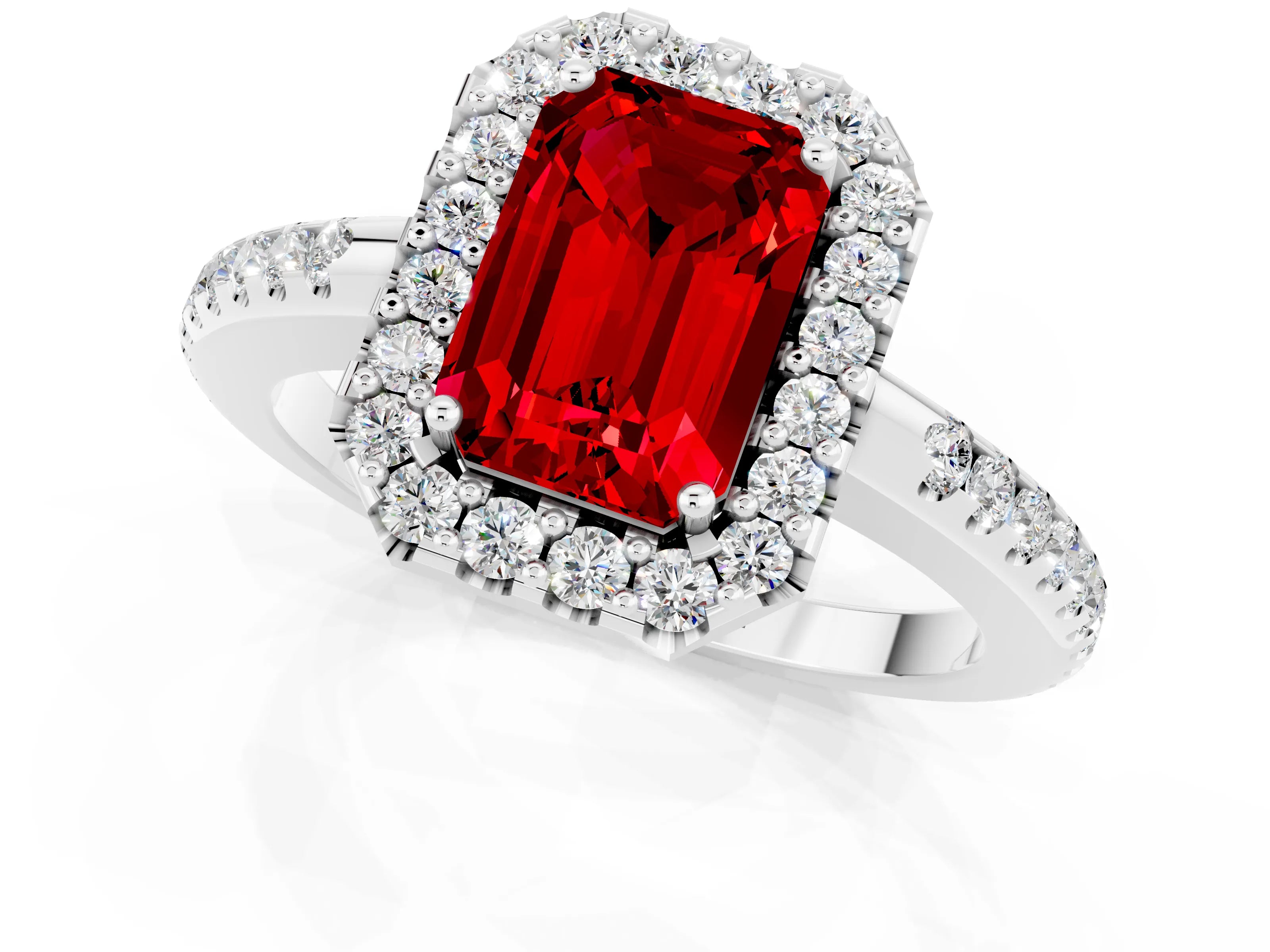 White gold Emerald Cut Ruby Pavé Halo Ring with Four-Prong Setting_13