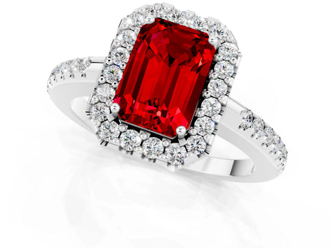 White gold Emerald Cut Ruby Pavé Halo Ring with Four-Prong Setting_13