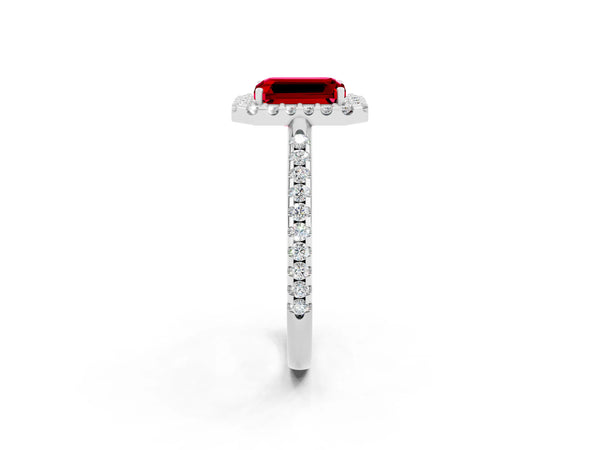 Silver Emerald Cut Ruby Pavé Halo Ring with Four-Prong Setting